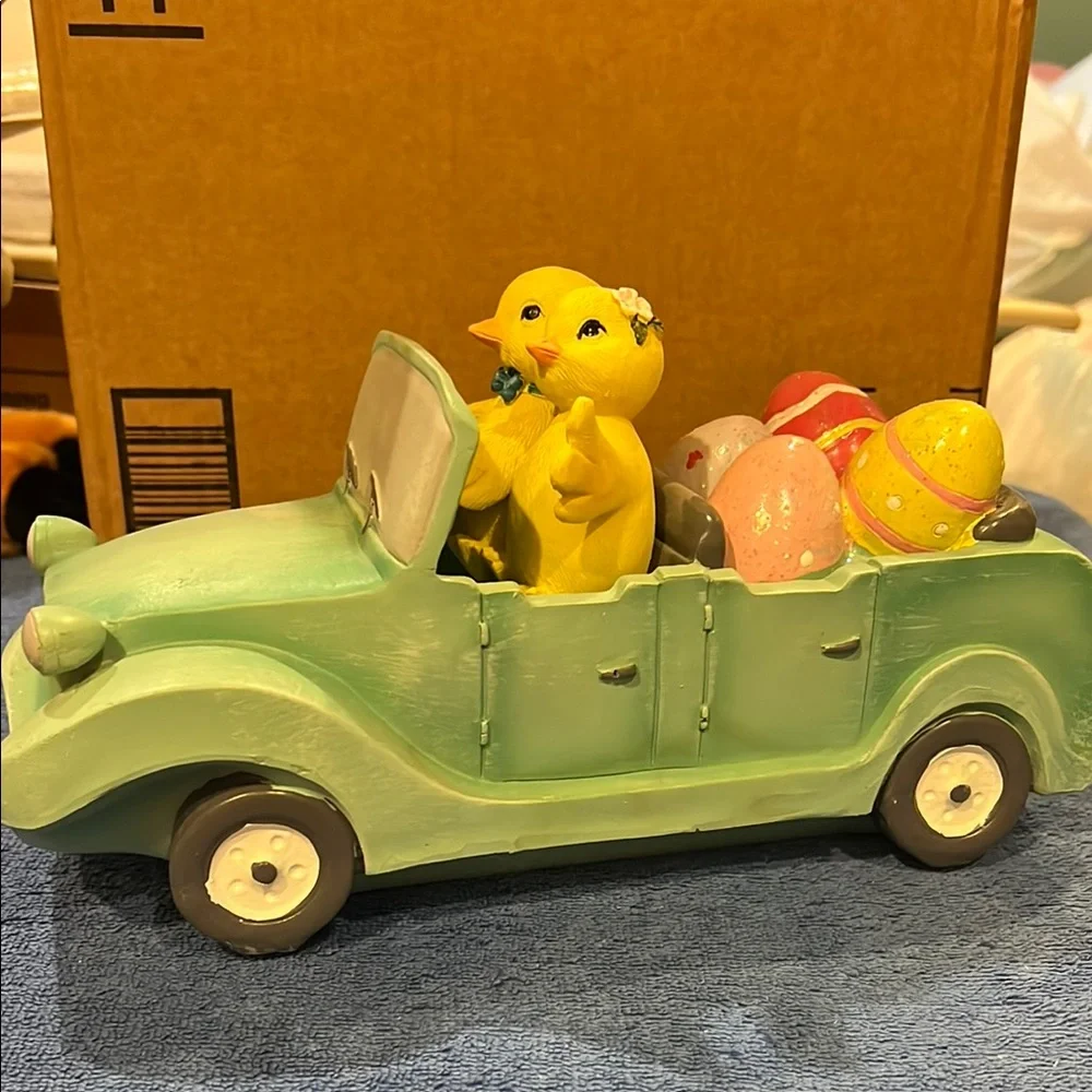 Green Vintage Toy Car with Yellow Duck and Easter Eggs - Picture 1 of 7